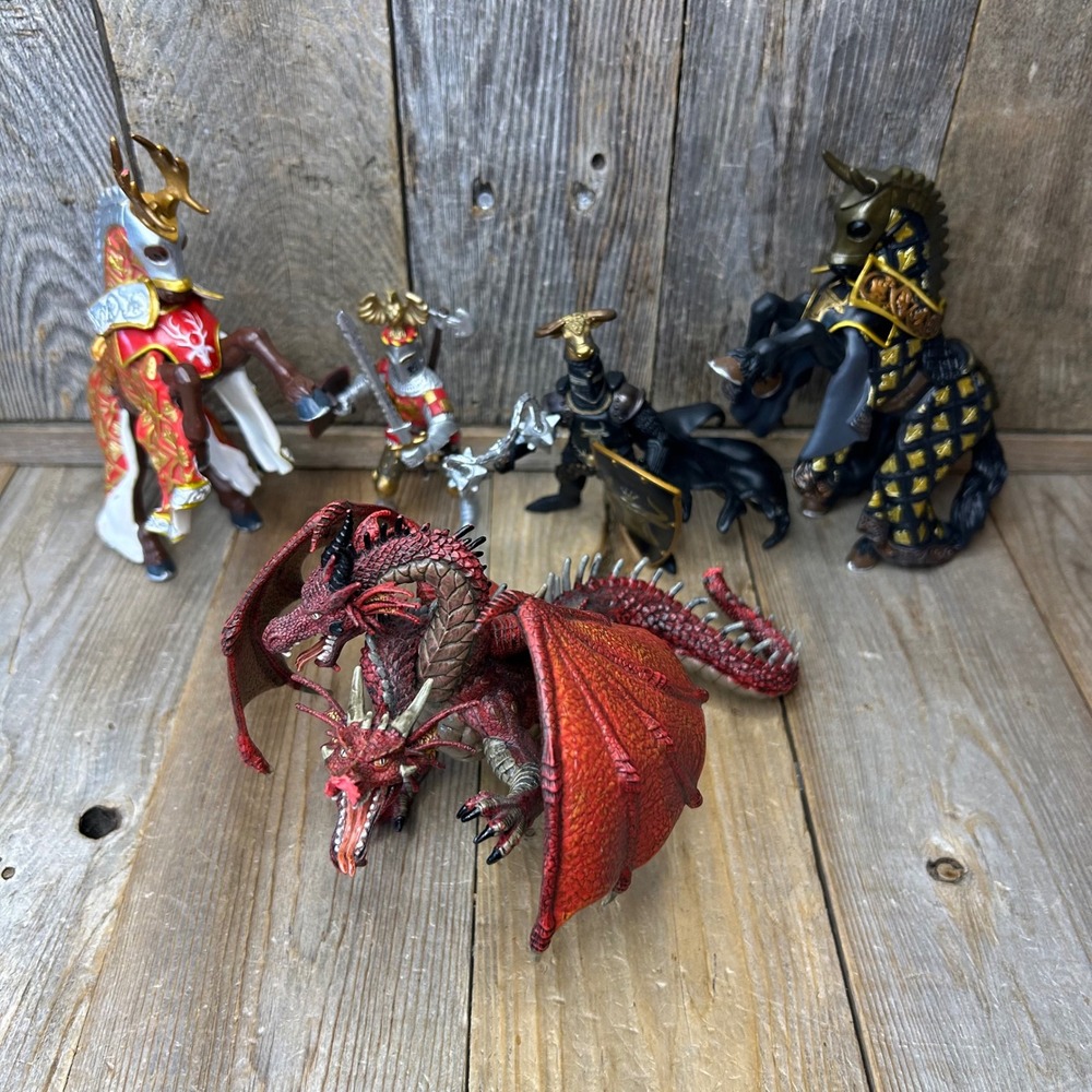 Papo Fantasy Figure Lot Red Two Headed Dragon Knights and War Horses 5pc